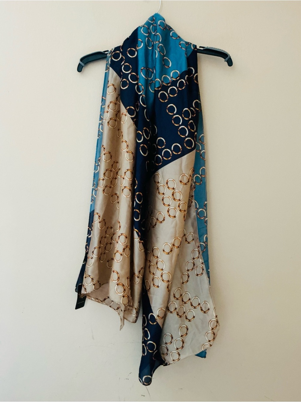 NWT 100% Silk Decorative Blue and Cream Ring-Print Scarf by